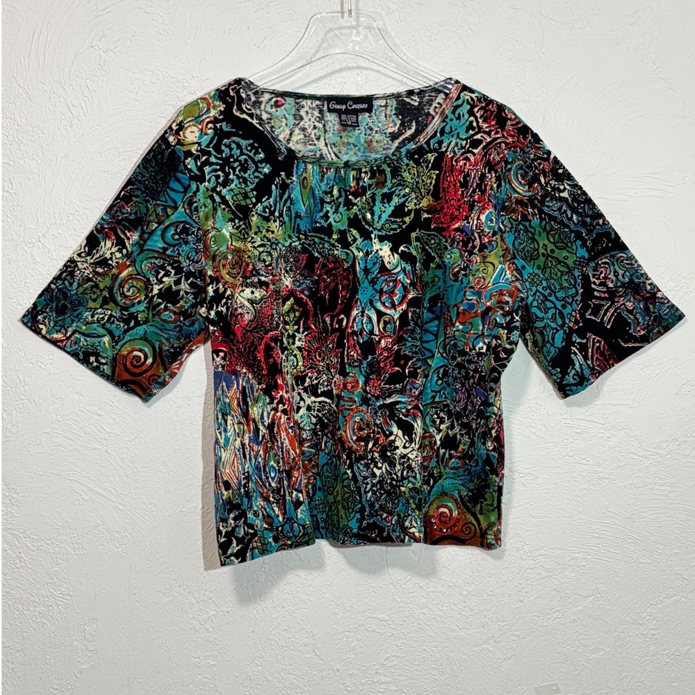 Gaudy Couture Womens 1X Abstract Psychedelic Sequin Cotton Short Sleeve Top